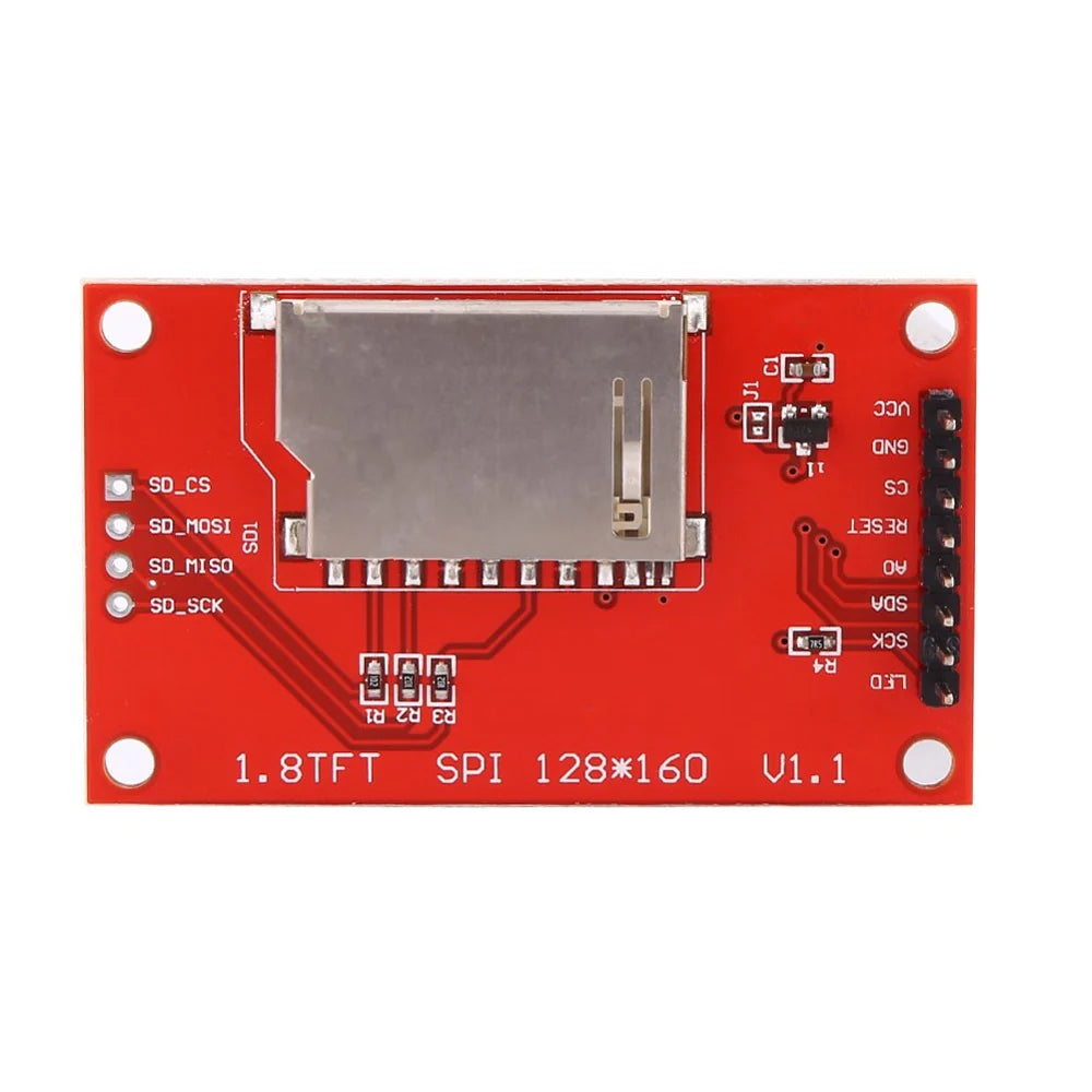 1.8 inch TFT color display module 128x160 highlighting the SPI header pins, vibrant color screen, and the built-in MicroSD card slot on the back.
Rear View.