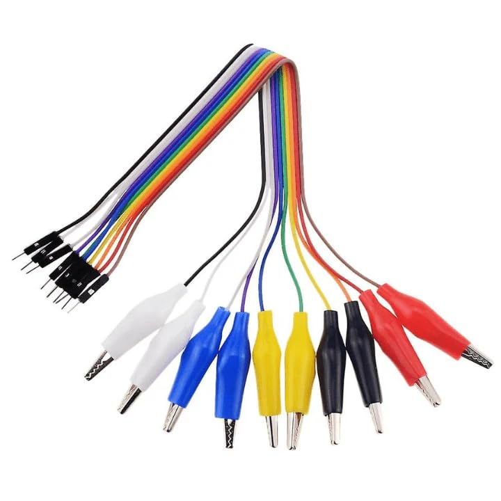 A colorful 10-pin ribbon cable with alligator clips on one end and male jumper pins on the other, ideal for breadboard prototyping.