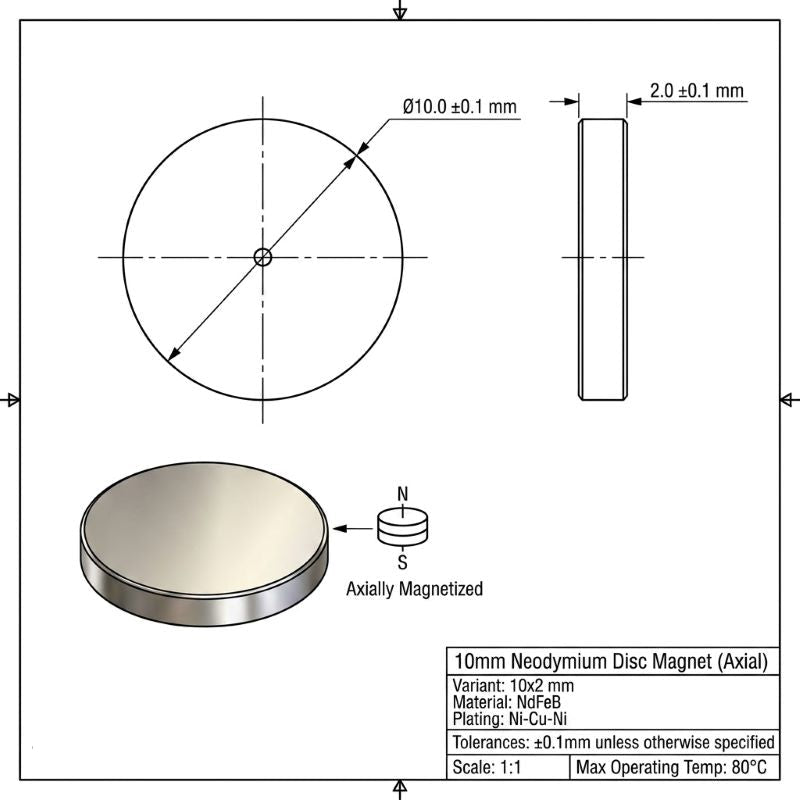 Technical drawing of a 10 mm neodymium disc magnet, showing front, side, and top views with dimensions, plus material and tolerance notes on a white background.
