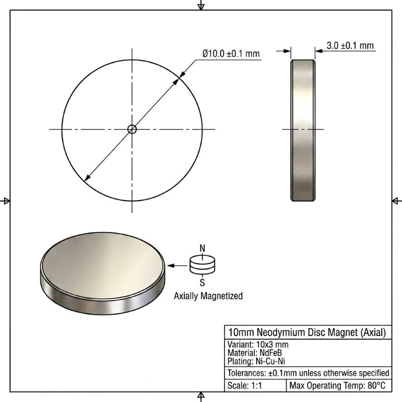 Technical drawing of a 10 mm neodymium disc magnet showing axial views, dimensions, a side profile, a top-down circle with a center hole, an axial magnetized view with N and S poles, and general notes on a white background.