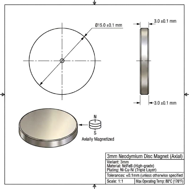 Technical drawing of a 3mm neodymium disc magnet showing axial and side views with dimensions, material specs, and a small 3D rendering of the magnet on a white background.