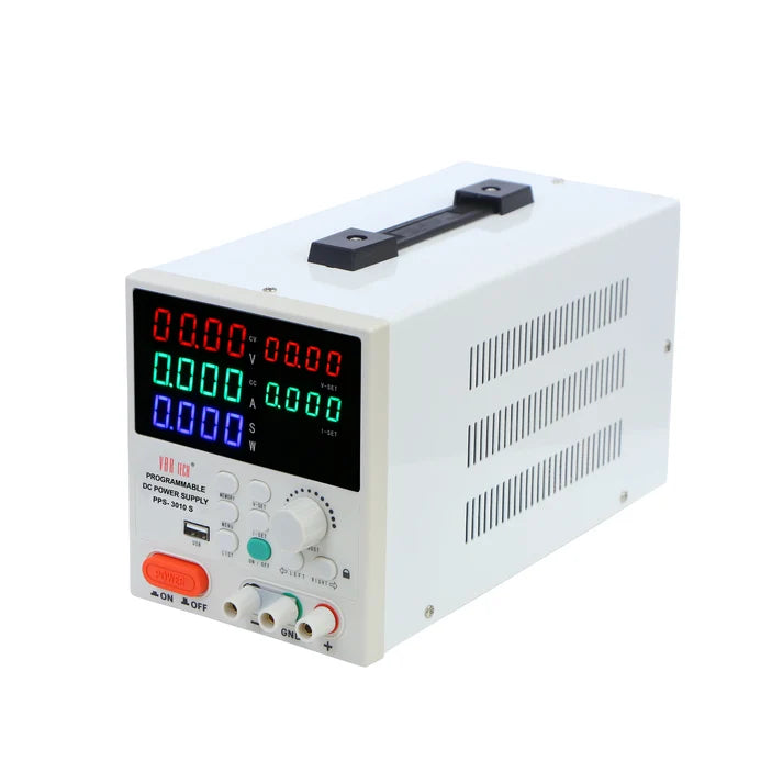 Isometric View of the Vartech PPS-S Series Programmable DC Power Supply showing five 4-digit LED displays, high-speed rotary dial, memory buttons, and USB PC interface port.