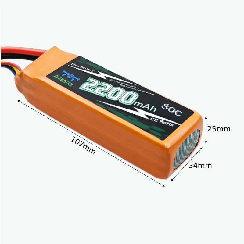 3S 11.1V 2200mAh 80C LiPo Rechargeable Battery Pack dimension