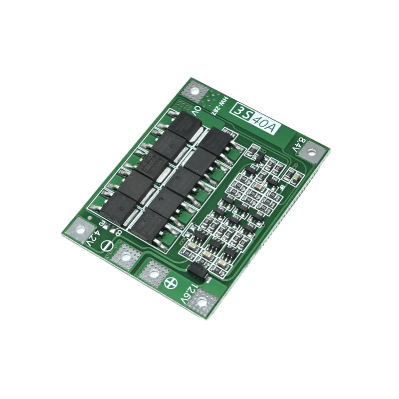 A top-down view of the HW-287 3S 40A Li-ion BMS module, highlighting the power MOSFETs and soldering pads for 12.6V battery packs without balance charging circuitry.