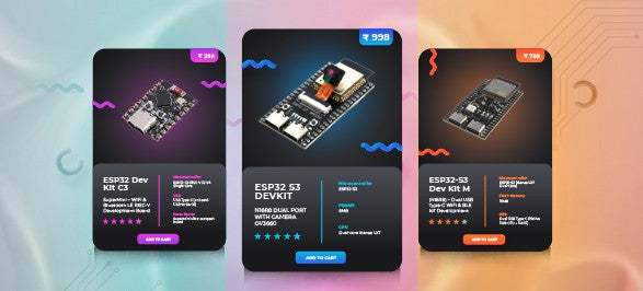 Three electronic component packages with different models on a colorful gradient background