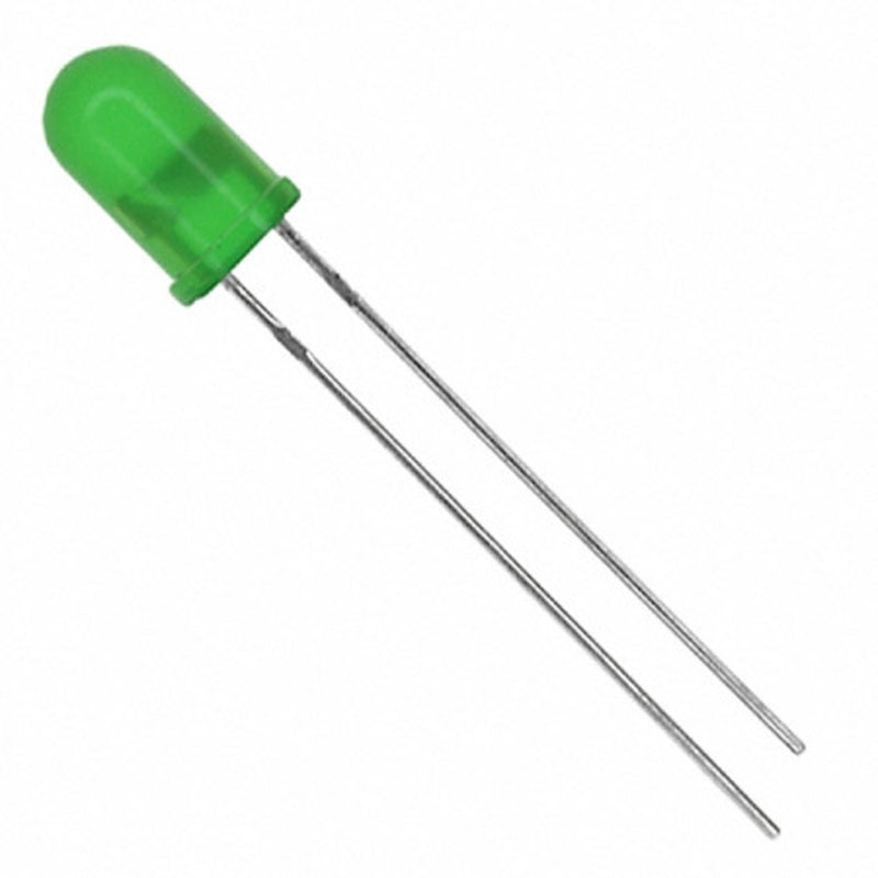 Green LED with two leads on a white background