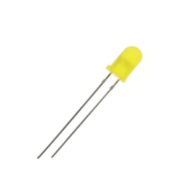 A single small yellow LED light with two thin metal leads, shown on a plain white background.