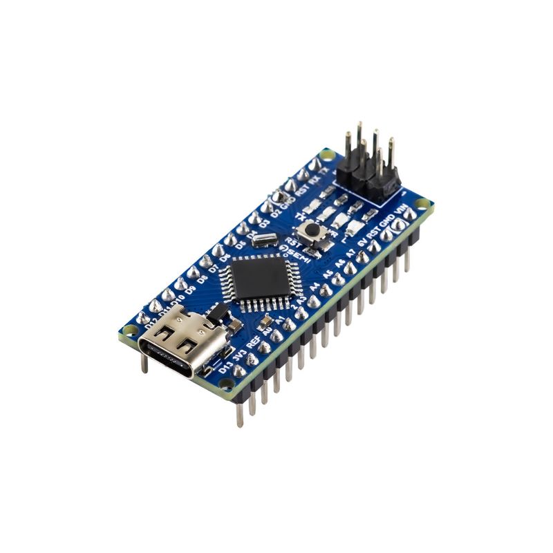 Arduino Nano microcontroller board highlighting the modern USB Type-C port, ATmega328P chip, CH340 serial converter, and pre-soldered downward-facing header pins.