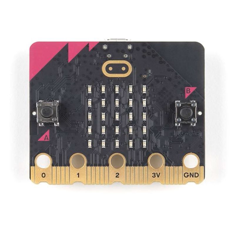 A BBC micro:bit electronic board photographed from above on a plain white background. The black printed circuit board features pink geometric corner accents, gold-colored connector pads along the bottom edge, two small black push buttons labeled A and B, and a central grid of LED indicators forming a 5 x 5 Matrix.