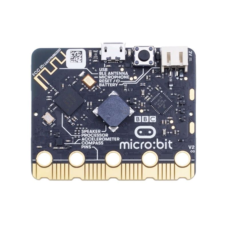 A micro:bit V2 microcontroller board with a black printed circuit board and gold-plated connector pins, featuring labeled components and the 'micro:bit' logo.