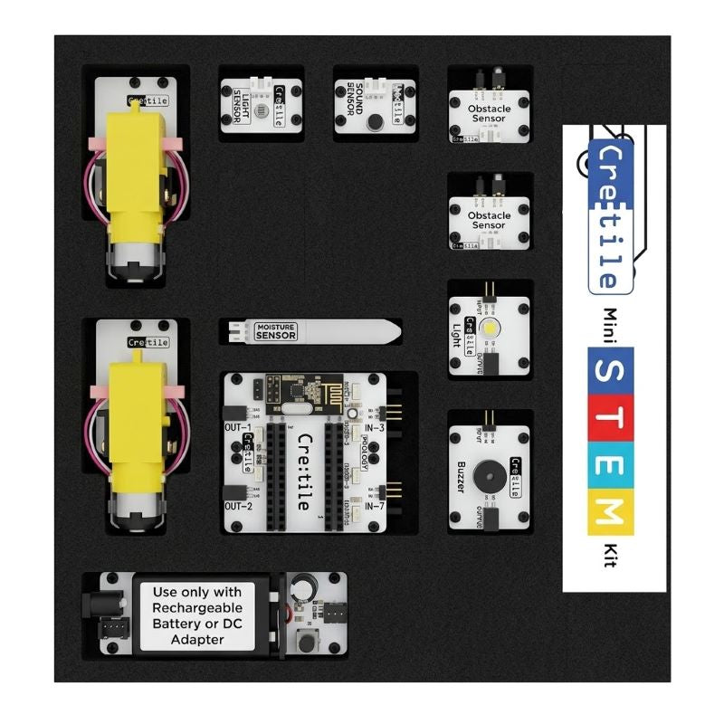 Cretile Mini STEM Kit with various electronic components including yellow inductors, obstacle sensors, a potentiometer, and a battery adapter, arranged on a black board with a white Creelite logo on the right.