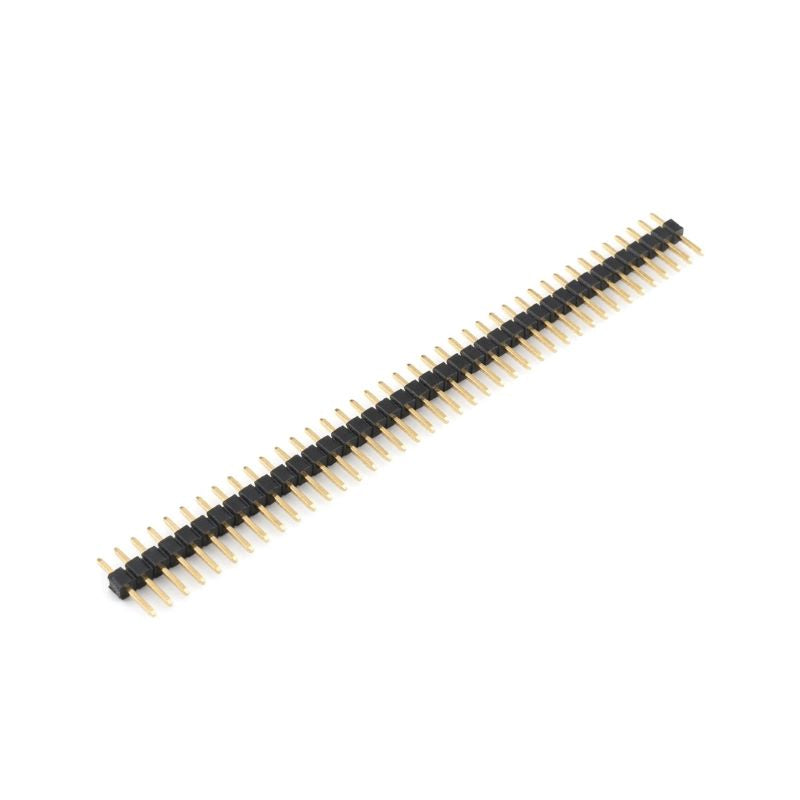 A 20-pin black plastic male header strip with gold-plated pins, shown diagonally on a plain white background.