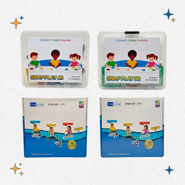 Four educational product boxes with colorful designs and text on a white background.