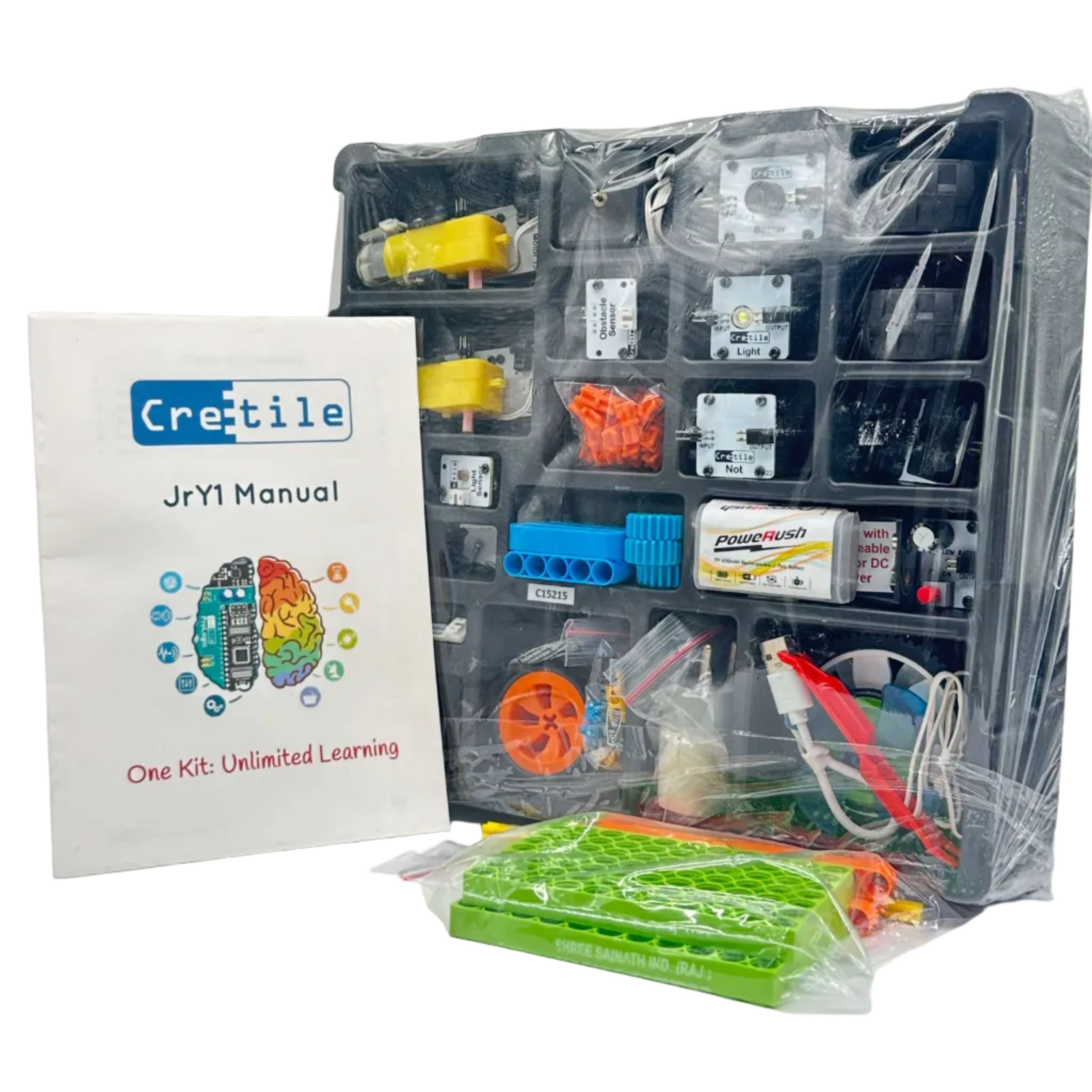 Cretile JrY1 STEM education kit with manual on a white background