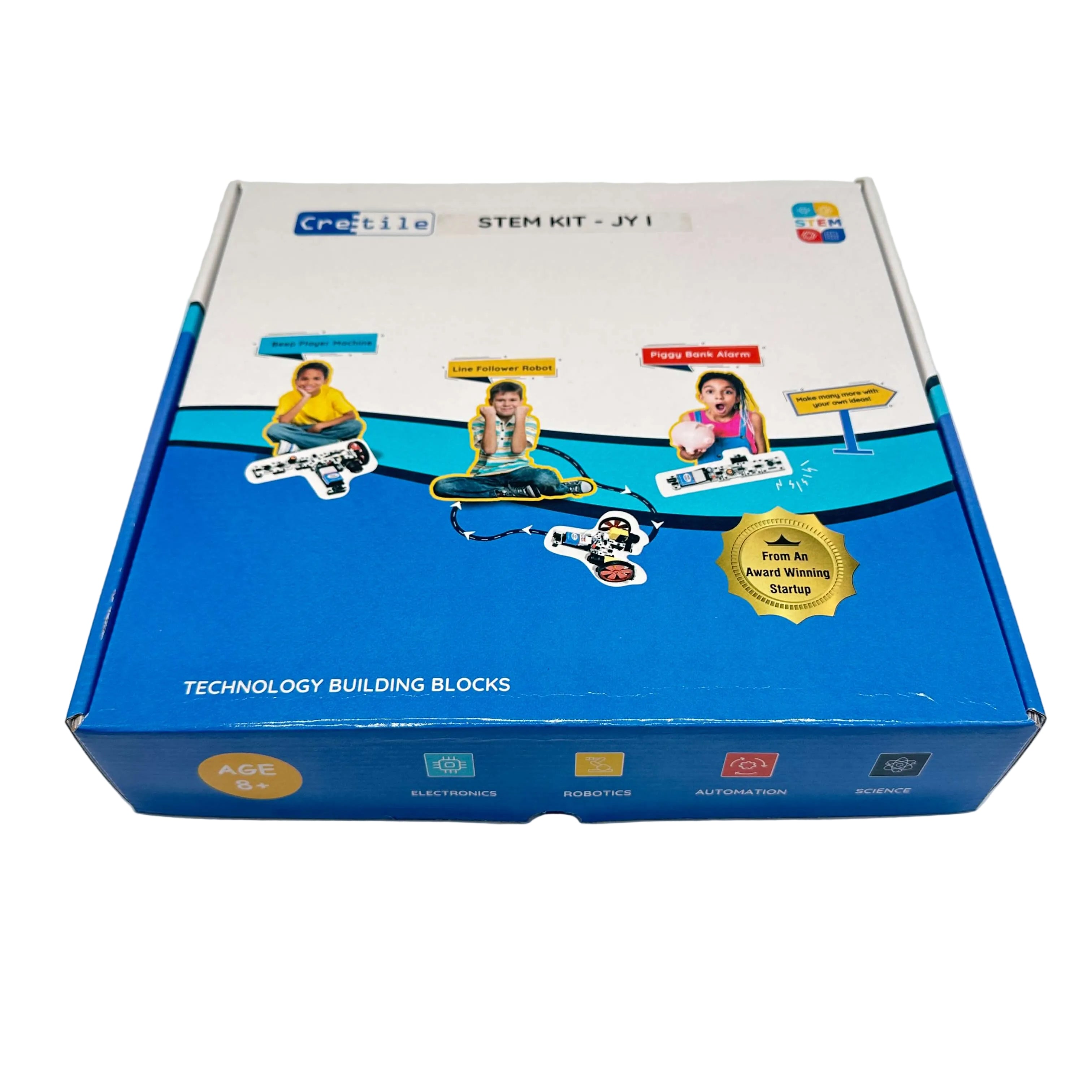 Box of a STEM kit with educational graphics on a white background