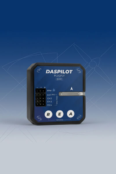 Daspilot device with blue display and black casing on a gradient blue and gray background