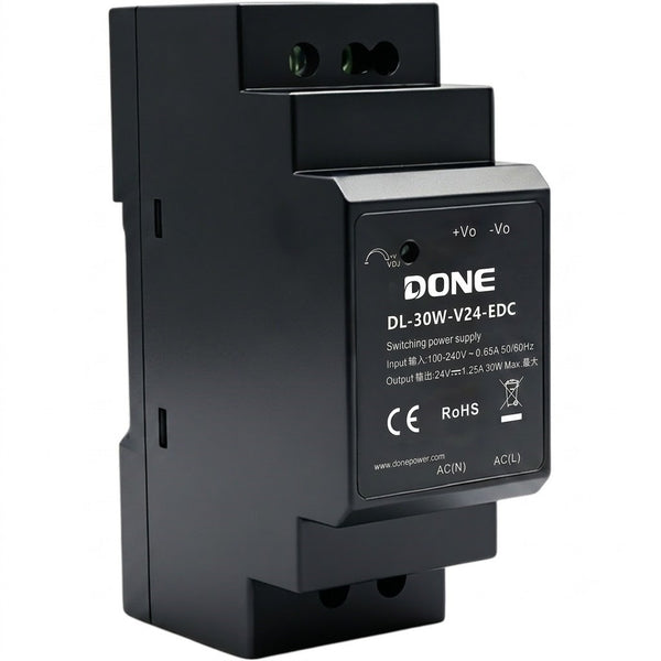 The DONE DL-30W-V24-EDC switching power supply, emphasizing its 24V 1.25A output capacity within a compact step-shape plastic DIN-Rail housing designed for industrial automation panels.