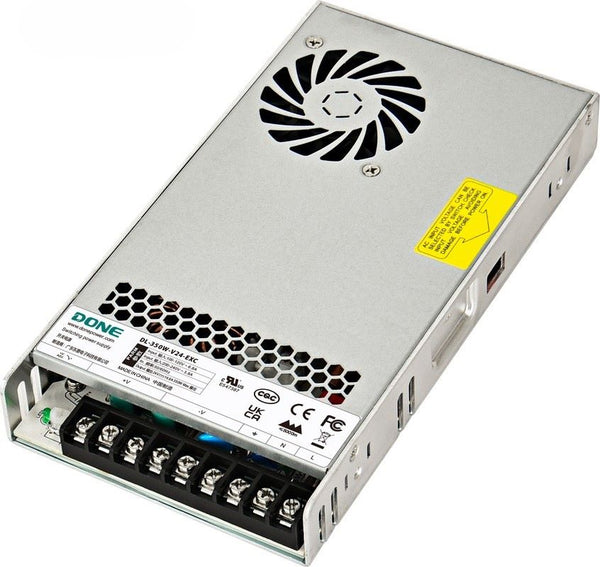 The DONE DL-350W-V24-EXC switching power supply, emphasizing its massive 24V 14.6A output capacity within a standard enclosed panel-mount metallic housing designed for heavy industrial automation and CNC applications.
