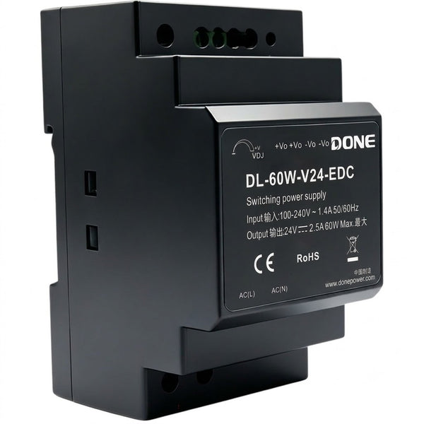 The DONE DL-60W-V24-EDC switching power supply, emphasizing its 24V 2.5A output capacity within a compact step-shape plastic DIN-Rail housing designed for industrial automation panels.