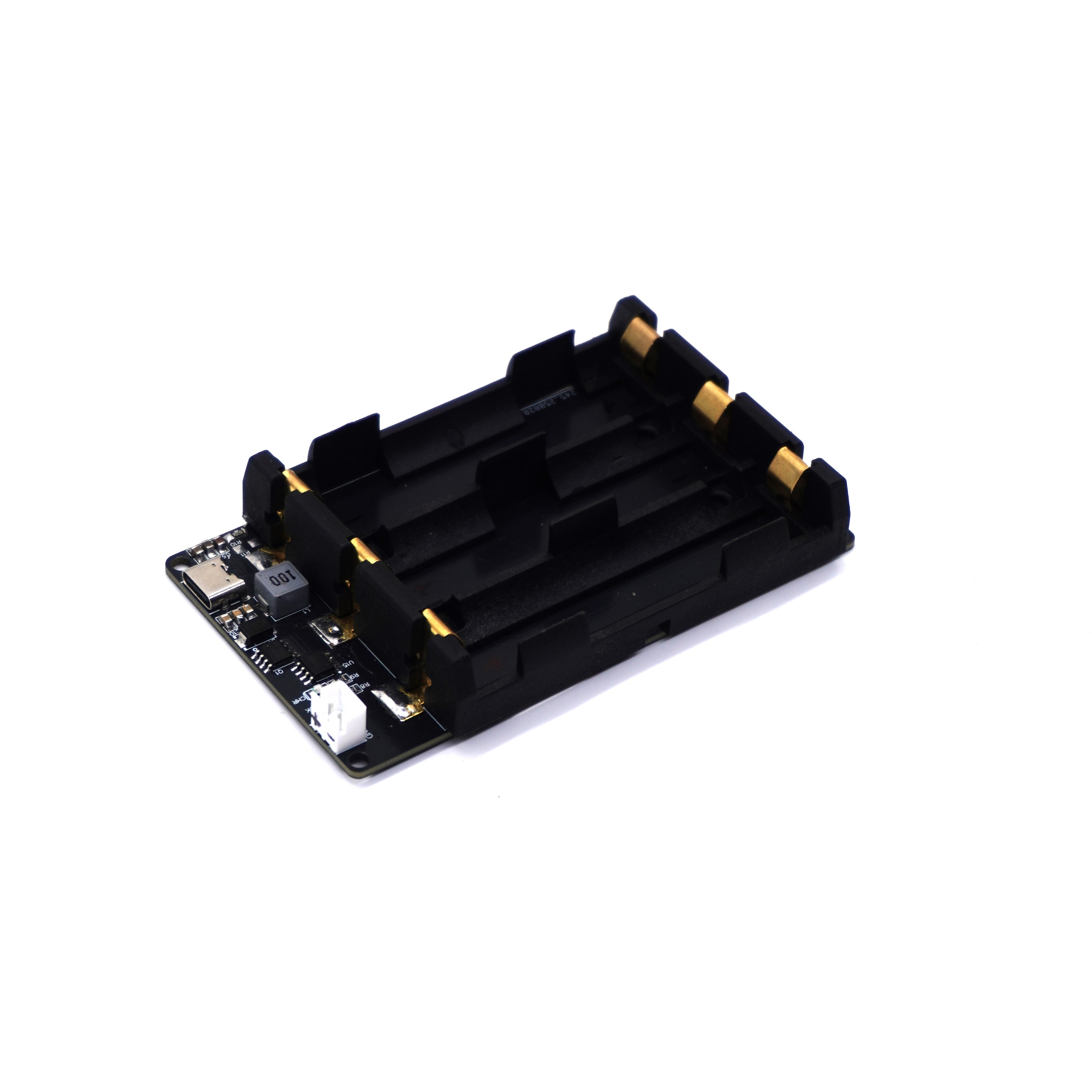 An angled view of the detachable 3-cell 18650 battery holder for the ESP32 carrier board, showing the PCB and battery terminals