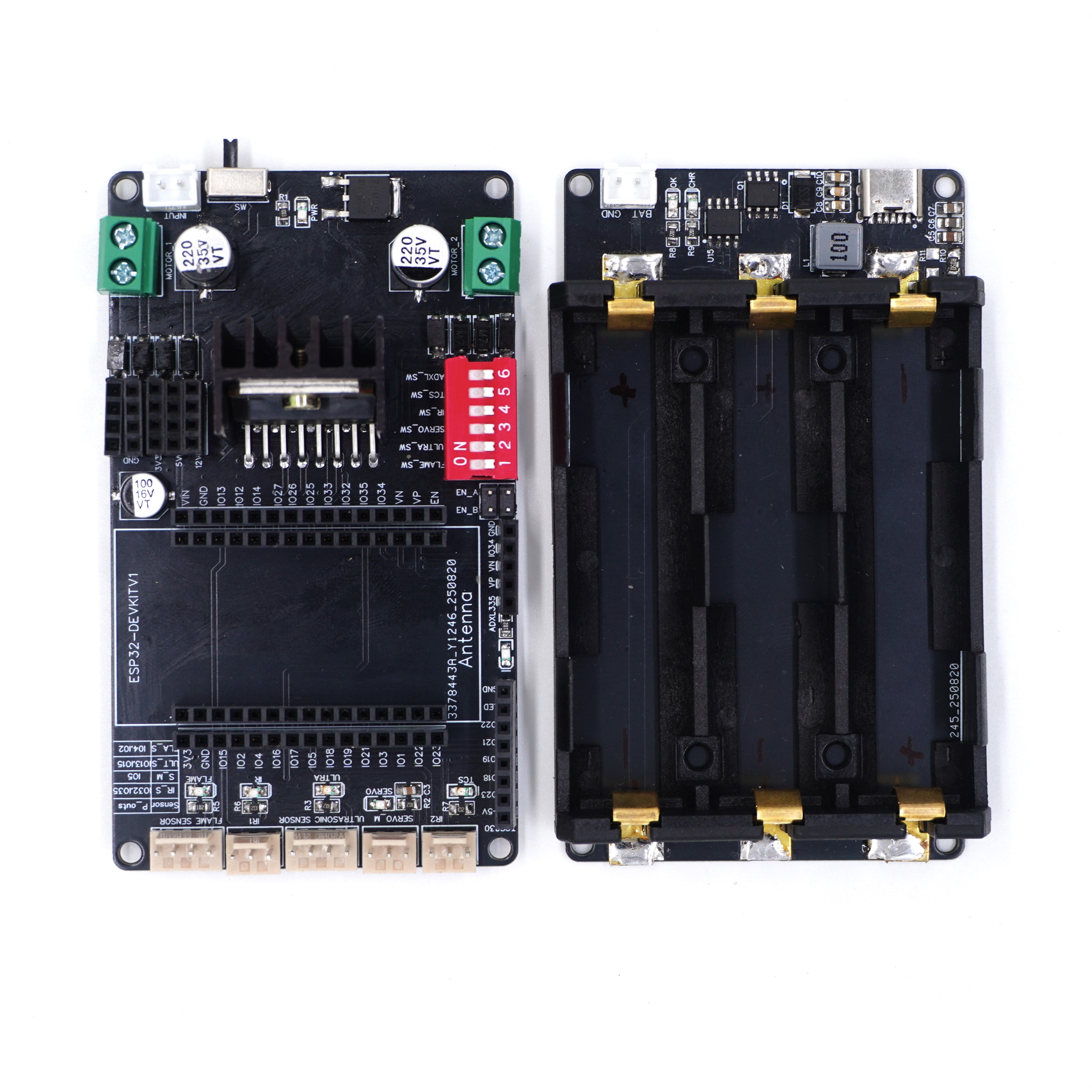 A top-down, split view of the black ESP32 carrier board and its detachable 3-cell 18650 battery holder, shown side-by-side
