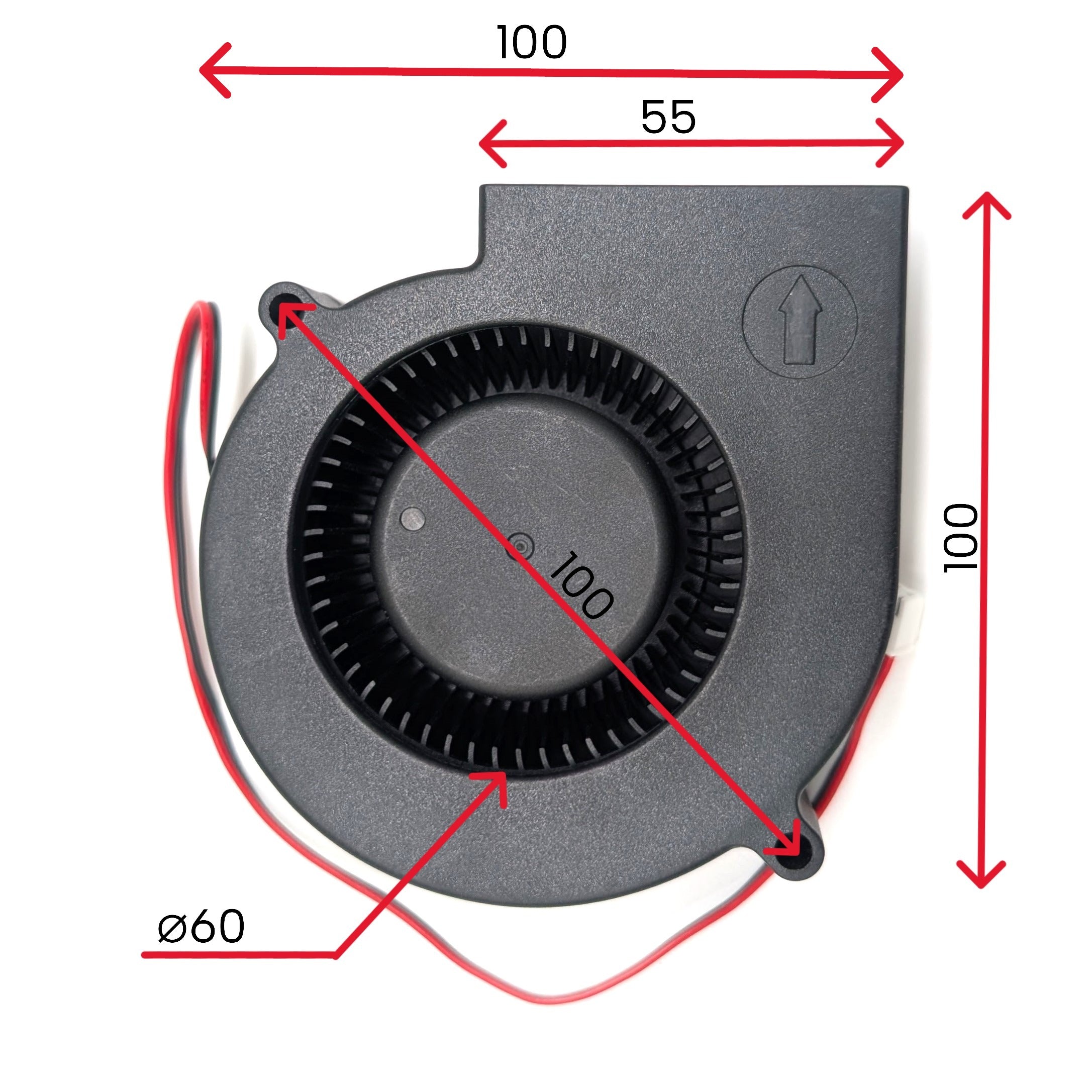 Diagram for the file FAN BLOWER 12V 100X30MM.jpg showing a black 12V DC centrifugal blower fan with 100x100mm overall housing dimensions, a 55mm exhaust width, 60mm intake, and red/black power wires.