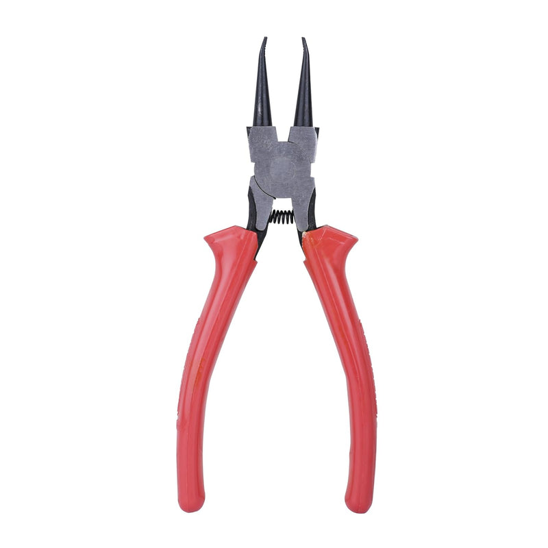 Taparia 1442-7 internal bent nose circlip plier highlighting the red insulated C.A. handles, return spring mechanism, and precision serrated bent tips.