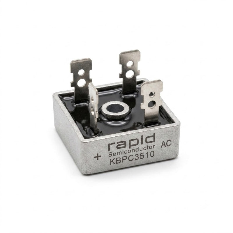 KBPC3510 35A 1000V single-phase bridge rectifier diode highlighting the durable metal casing, central heatsink mounting hole, and four spade terminals. Flipped.