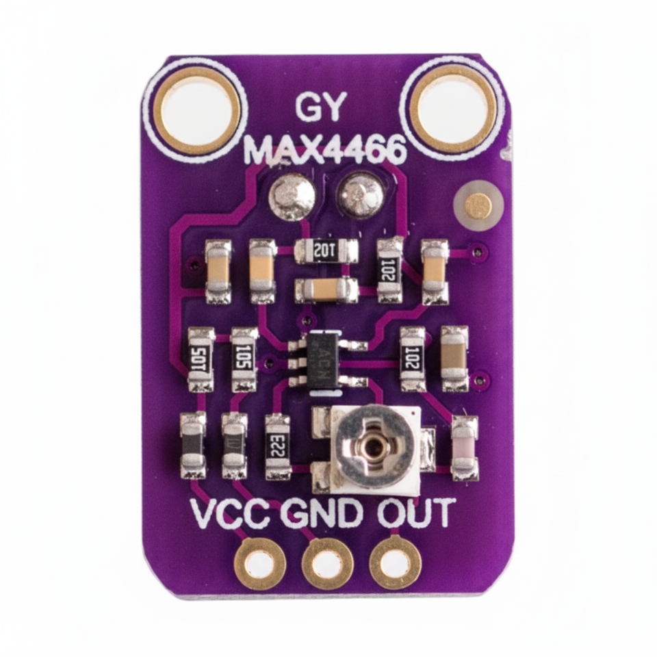 Purple electronic component board with 'GY MAX4466' label on a white background