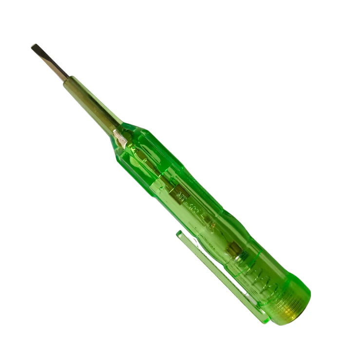 Multitec MT-100 pocket line tester featuring a transparent insulated body, pocket clip, and flathead screwdriver tip for detecting live AC voltage.