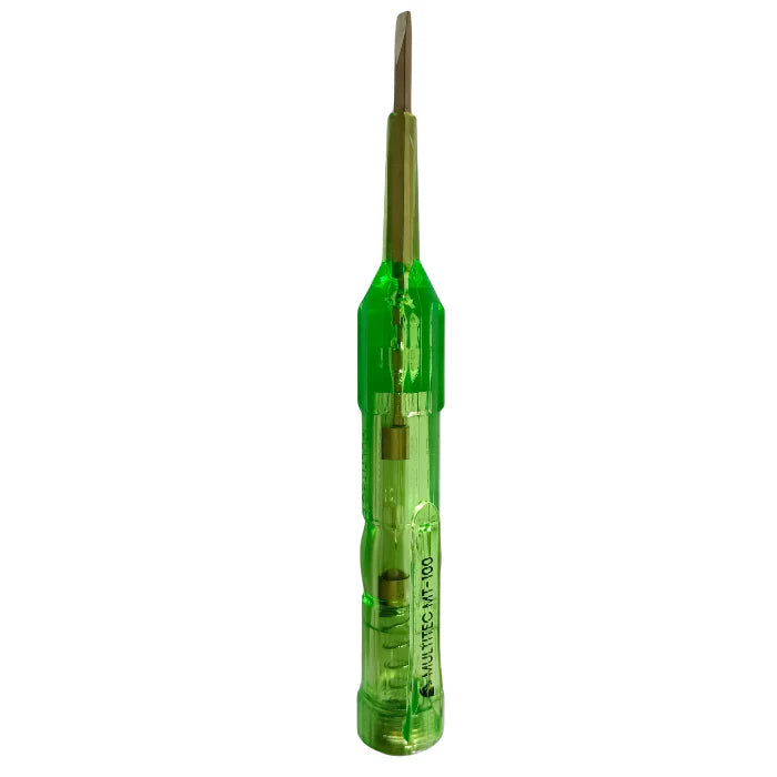 Multitec MT-100 pocket line tester featuring a transparent insulated body, pocket clip, and flathead screwdriver tip for detecting live AC voltage.