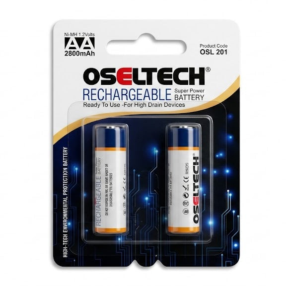Pair of OSL-201 AA 2800mAh Ni-MH rechargeable batteries highlighting the high capacity rating and button-top positive terminals.