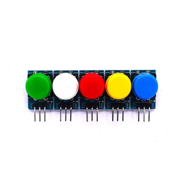 Five colored buttons on a circuit board with white background