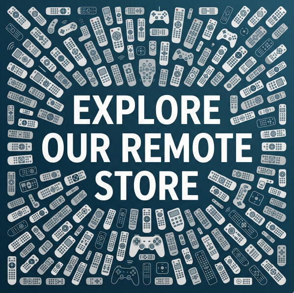 Illustrations of remote controls with text 'Explore Our Remote Store' on a dark blue background