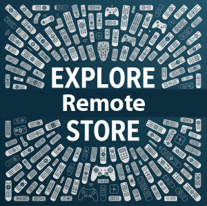 Pattern of remote controls with 'Explore Remote Store' text on a blue background