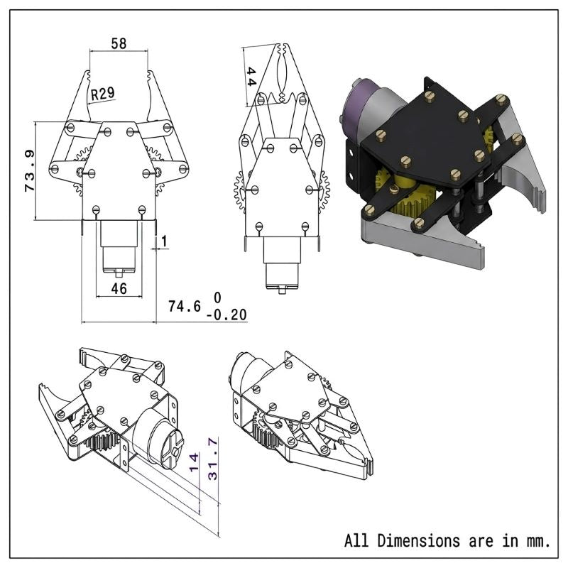 Technical dimension drawing of a mechanical claw or gripper component, showing multiple orthographic views with measurements in millimeters and a 3D rendered side view on a white background.