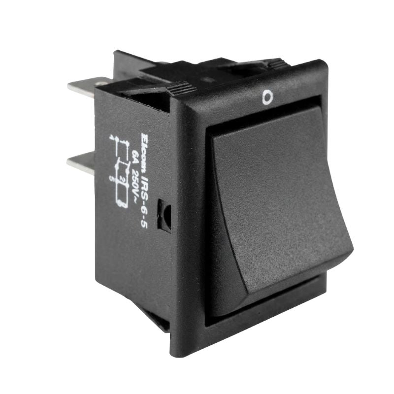 A black plastic rocker switch with two metal terminal posts, featuring white printed text and a small white power symbol on the front.