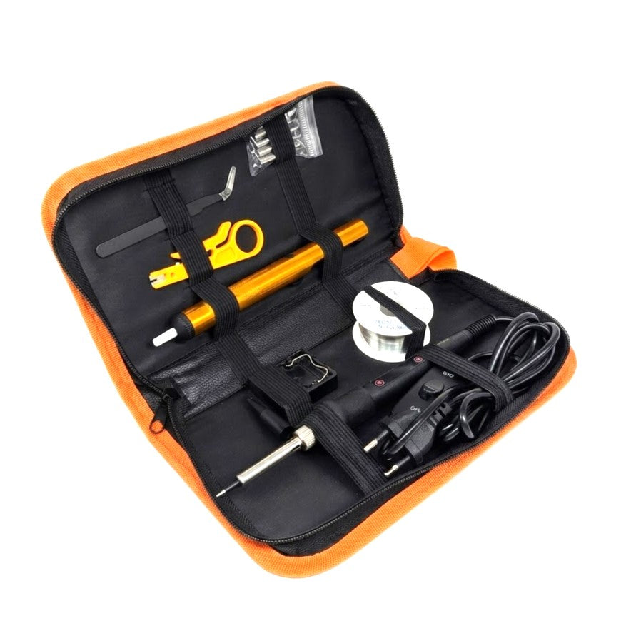 An open orange and black zippered tool case containing various small hand tools, including a yellow-handled screwdriver, a spool of wire, and a black power adapter, shown on a white background.