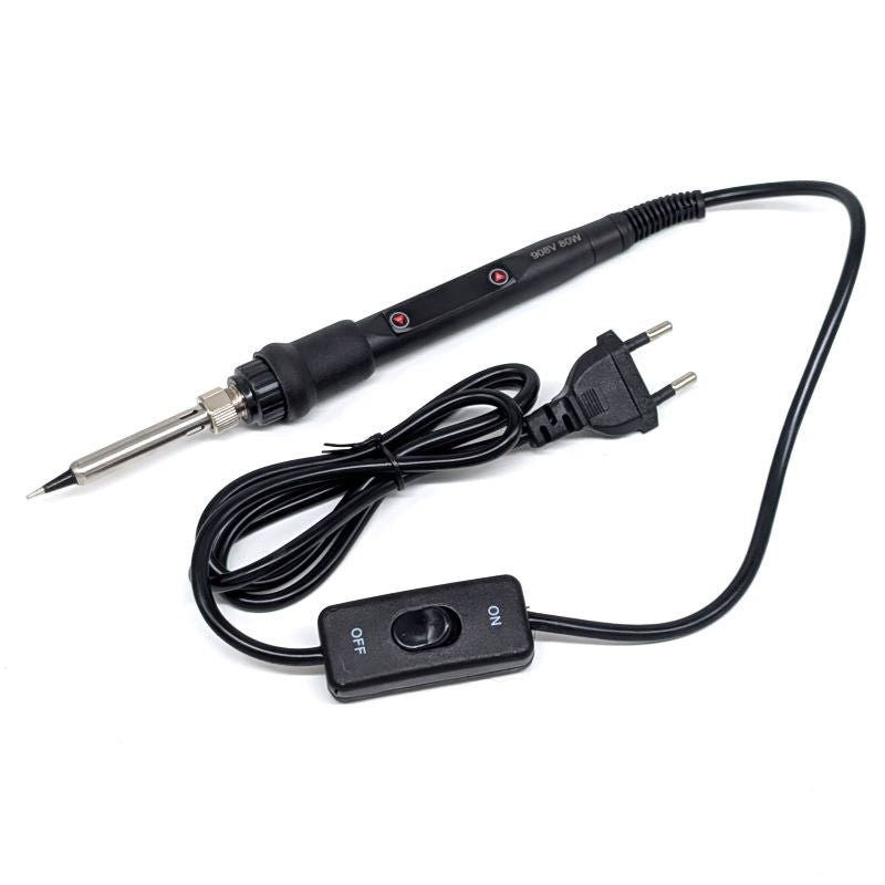 A black soldering iron with a metal tip, shown with its attached power cord and inline switch on a plain white background.