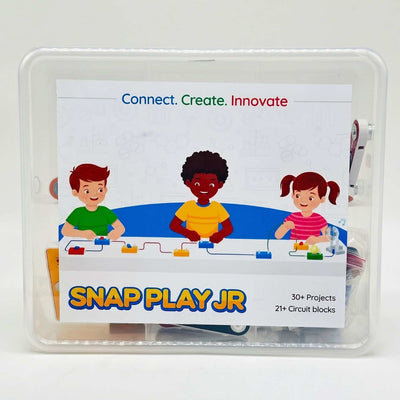 Snap Play Jr educational kit packaging with children and circuit blocks on a white background