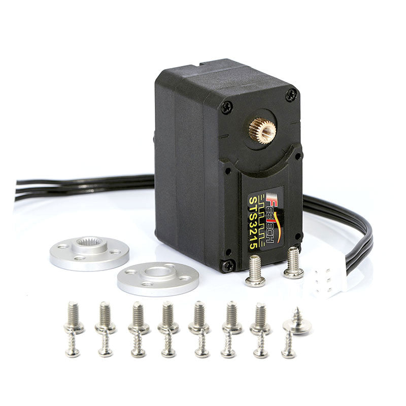 STS3215 7.4V 19kg.cm 360-degree serial bus smart servo motor for robotics highlighting the dual-shaft design and TTL connector ports.
