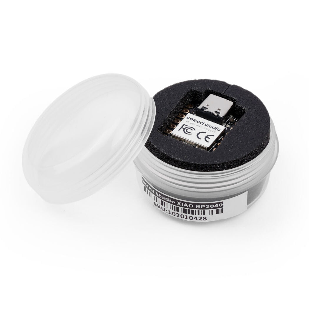 Seeed Studio XIAO nRF52840 thumb-sized Bluetooth development board highlighting the Nordic nRF52840 chip, onboard antenna, and USB Type-C port with Box