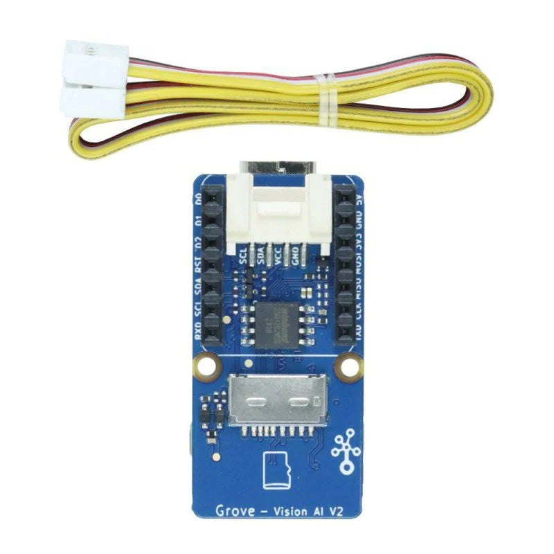 Seeed Studio Grove Vision AI Module V2 smart vision development board highlighting the Himax HX6538 processor, microNPU, Grove connector, and CSI camera interface slot.