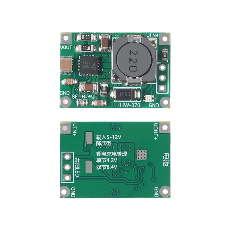 TP5100 lithium battery charging module highlighting the main IC, power inductor, and the 'SET' solder pad for switching between 1S and 2S battery configurations.