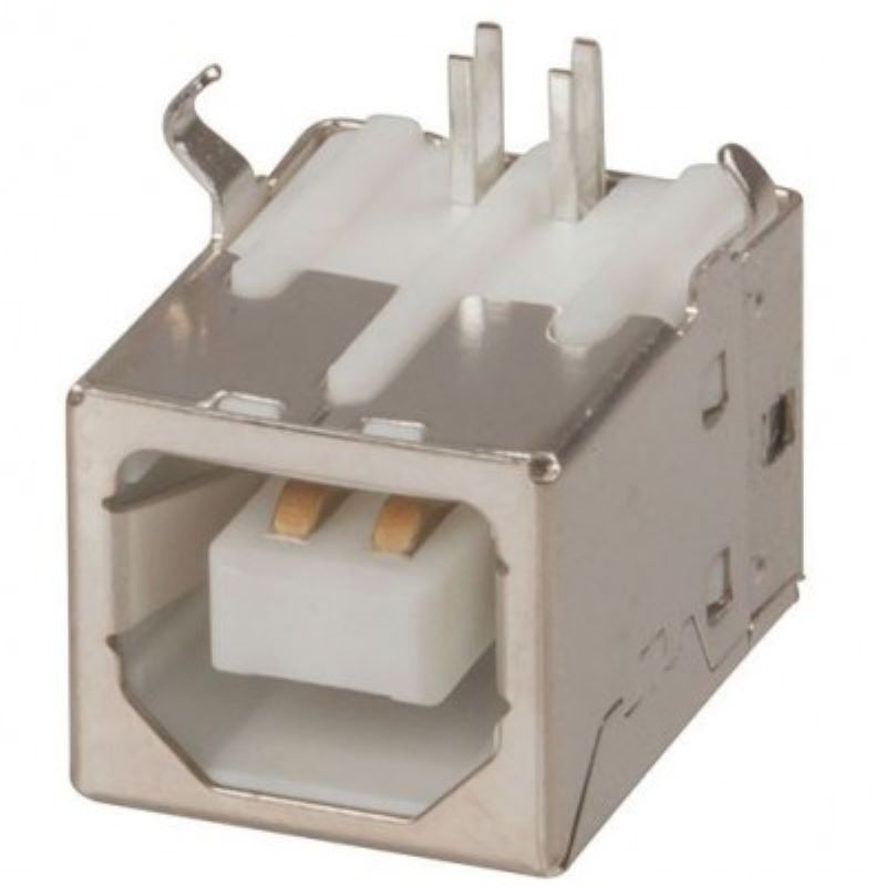USB Type-B female right-angle socket, highlighting the metal shield and the 4-pin through-hole mounting pegs for PCB attachment.
