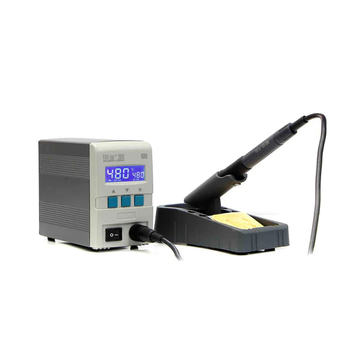 Vartech 202D 80W digital lead-free soldering station highlighting the LCD display, temperature control buttons, and heavy-duty soldering iron handle.