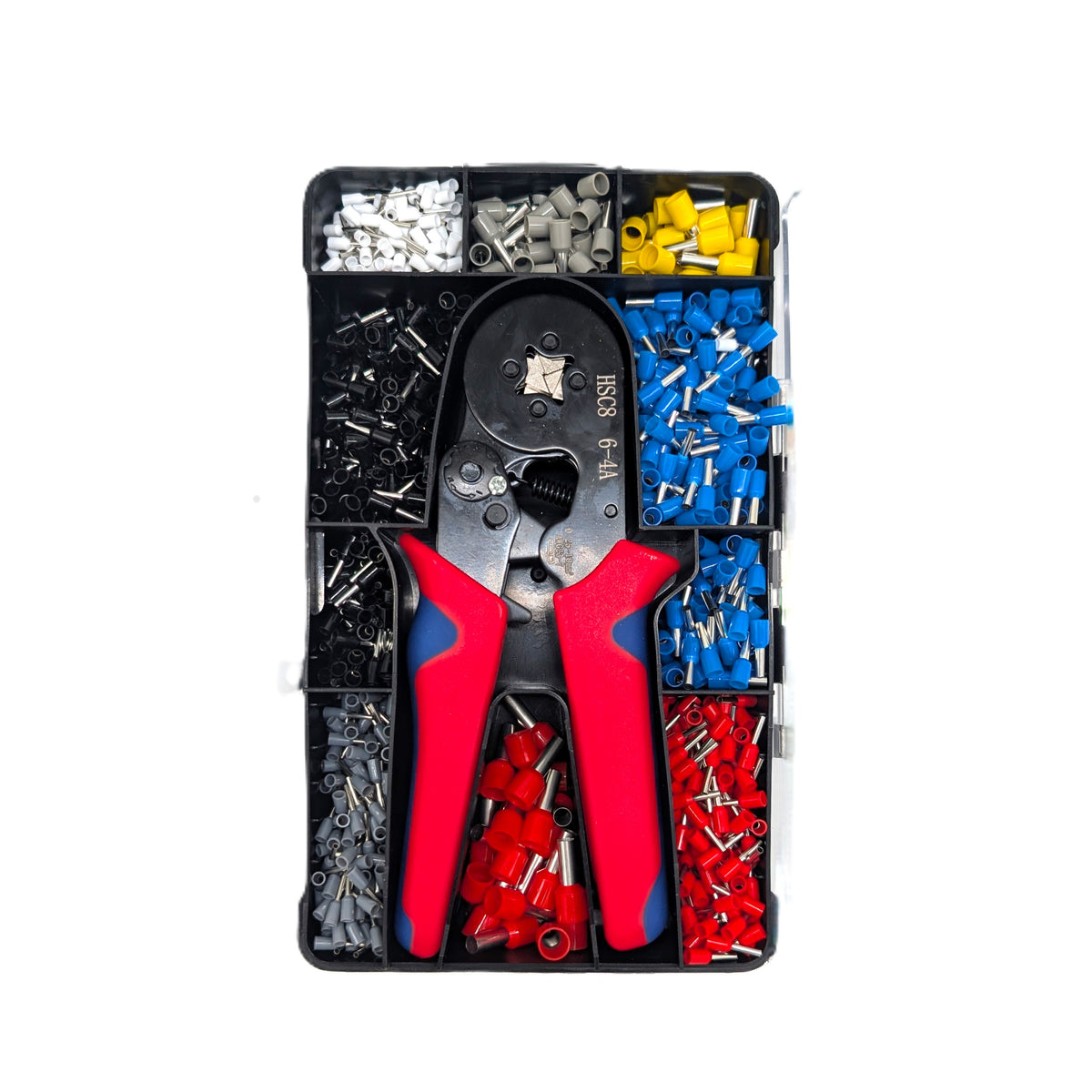 HSC8 6-4A ratcheting wire ferrule crimping tool featuring ergonomic red and blue handles, packed inside a compartmented organizer box filled with hundreds of multi-colored insulated bootlace terminals.