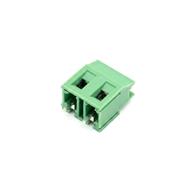 XY129 series 2-pin screw terminal block in green, highlighting the wide 7.5mm pitch, top-mounted metal screws, and through-hole PCB pins.