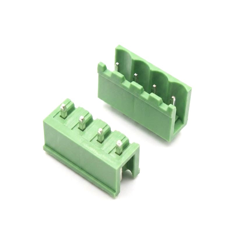 Xinya 2500 series 4-pin male pluggable terminal block straight header in green, highlighting the standard 5.08mm pitch and vertical PCB mounting pins.