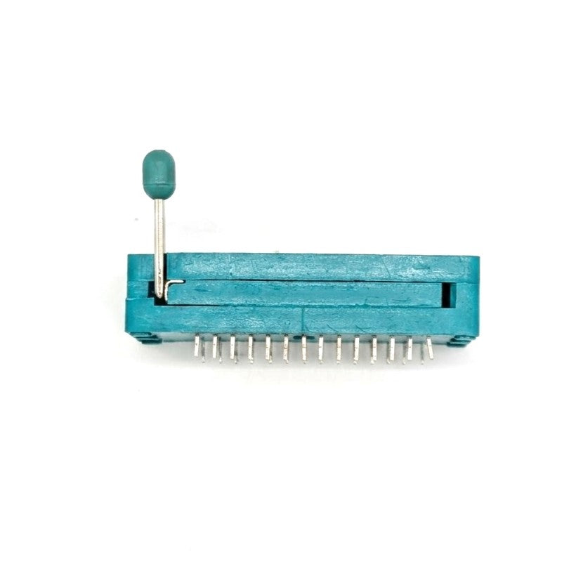 28 pin universal ZIF socket highlighting the green body, standard 2.54 mm through-hole pins, and the mechanical IC locking seat lever designed for DIP components. side view showing pins